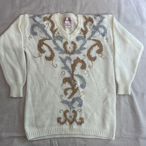 Vintage Knit Sweater Womens Size Medium M Cream Gold Metallic V Neck Beaded 90s - Picture 1 of 8